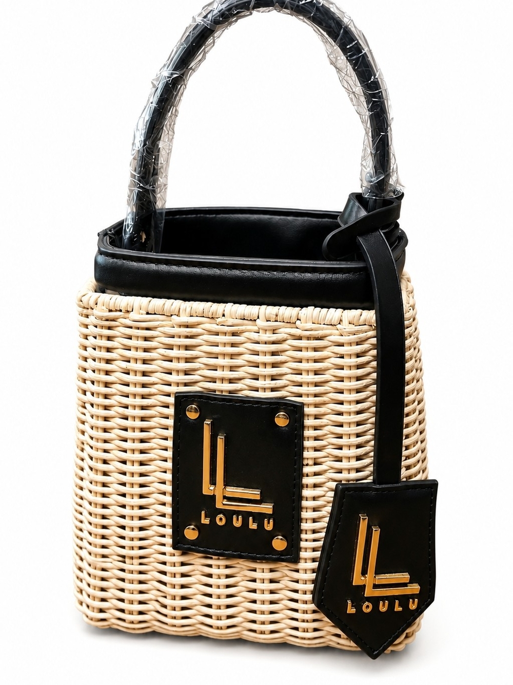 LouLu Black & Natural Woven Rattan Bucket Bag